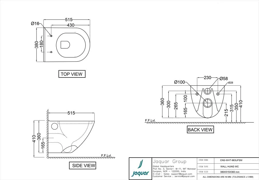 Унитаз подвесной Jaquar Continental CNS-WHT-963UFSM Белый