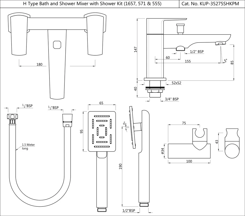 Смеситель для ванны на борт ванны Jaquar Kubix Prime KUP-CHR-35275PMSHK Хром